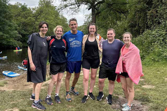 Looking ahead to this Saturday's Knaresborough Bed Race 2023 - Sancha King, Lizzie Oates Simon Littlewood, Dan Stanford, Emma Knill, Gemma Kilbride and their passenger Arthur Kilbride who make up the HOPs Musical Theatre Company race team.