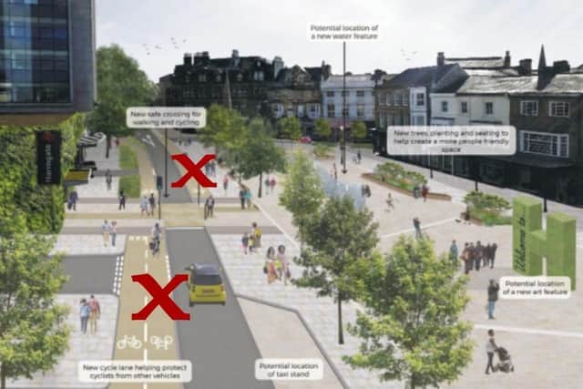 Picture of failure number 1 - The £11.2m Gateway project changes no longer happening on Station Parade in Harrogate as marked with a "X" by Harrogate District Cycling Action. (Picture contributed)