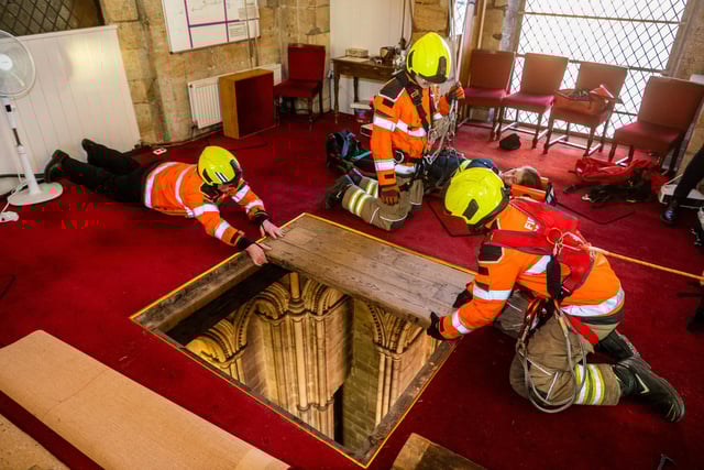 Verger Lucinda Taylor was strapped onto a stretcher and lowered 15 metres down to the cathedral floor from a trap door in the ringing room
