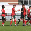 Harrogate Railway players celebrate after finding the net during Saturday's FA Vase clash with Whitley Bay. Pictures: Gerard Binks