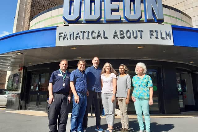 Kevin Langford, Manager Harrogate Odeon, filmmakers David Bunting and James McKay, Jemima Parker, chair of Zero Carbon Harrogate, Sunita Soundur, Climate Action Coordinator of Zero Carbon Harrogate, and Coun Paula Stott of Harrogate Film Society. (Picture Graham Chalmers)