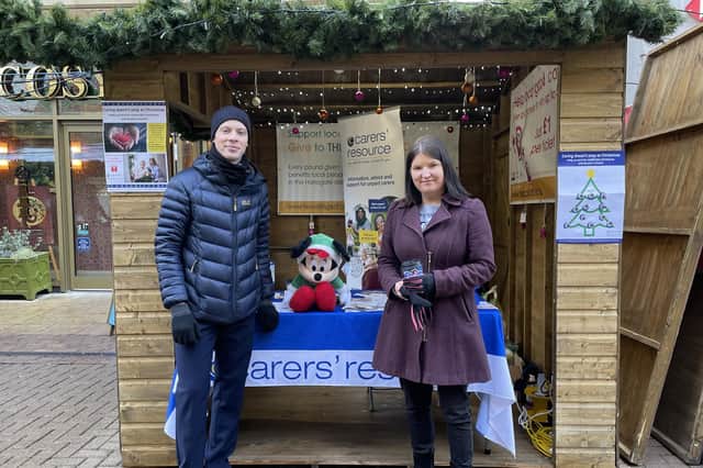Jenny Cornish, Head of Communications and Engagement at Carers’ Resource, and Daniel Willers, Communications Officer at the charity, pictured at Harrogate Christmas Fayre.