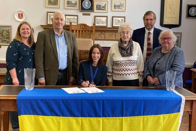 Town Twinning Agreement between Knaresborough and Ukraine - Angela Pulman, Clerk Knaresborough Town Council, Bob Frendt, Knaresborough Resident (who is driving a fire engine to Ukraine), Councillor Hannah Gostlow, Mayor of Knaresborough, Mrs Mavis Clemmitt, Chair of Town Twinning, David Goode, Knaresborough Town Councillor and Hazel Haas, Secretary of Town Twinning. (Picture contributed)