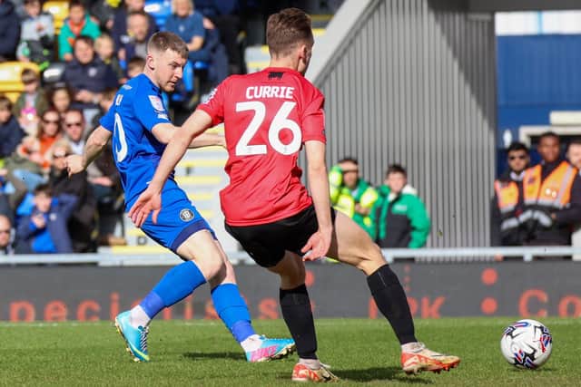 Matty Daly fires Harrogate Town into an eighth-minute lead against AFC Wimbledon. Pictures: Matt Kirkham
