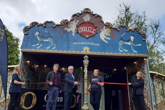 Spiegeltent sponsors Robert and Ben Ogden, along with Harrogate International Festivals' chief executive Sharon Canavar, at today's ribbon cutting ceremony. (Picture Graham Chalmers)