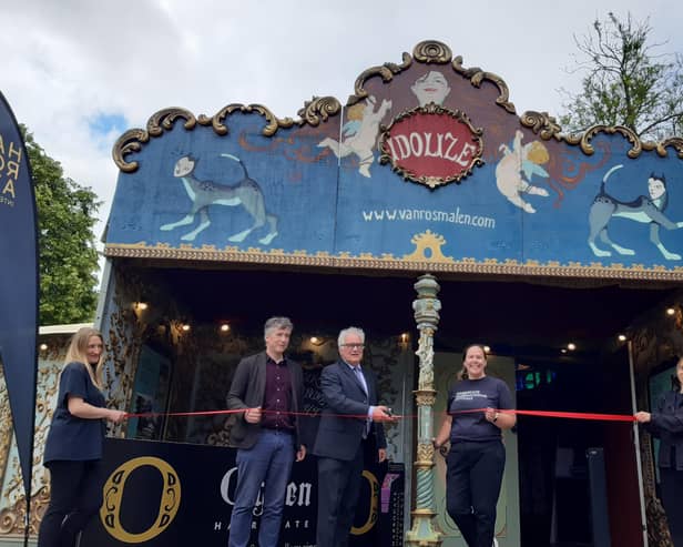 Spiegeltent sponsors Robert and Ben Ogden, along with Harrogate International Festivals' chief executive Sharon Canavar, at today's ribbon cutting ceremony. (Picture Graham Chalmers)