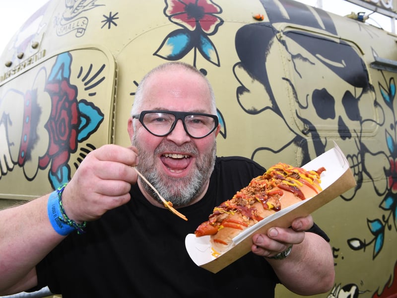 Simon Ball with an Amy Swinehouse hotdog at the Piggie Smalls stall