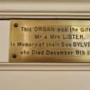 A church organ with heritage - The plaque in Hampsthwaite Methodist Church marking the original site of the century-old instrument.