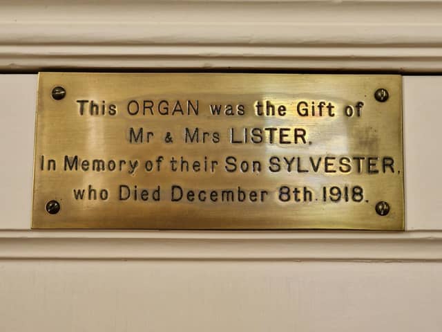 A church organ with heritage - The plaque in Hampsthwaite Methodist Church marking the original site of the century-old instrument.