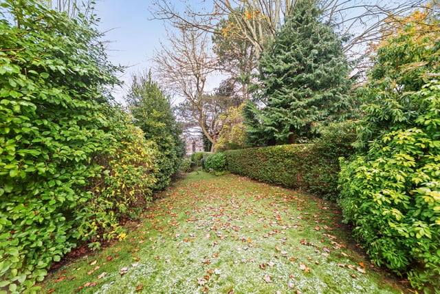 The lawned garden with mature hedging leads to a wooded area.
