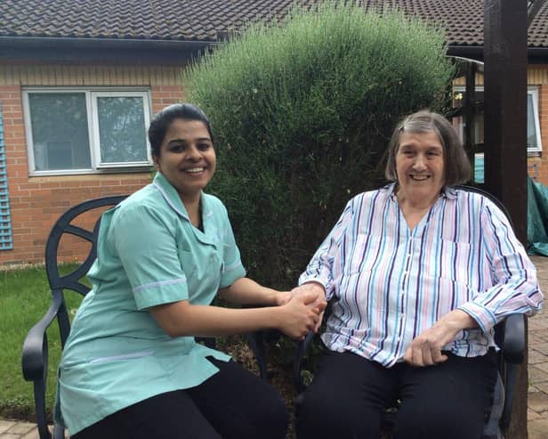 Resident Eileen with carer Alphonsa at Granby Rose Care Home