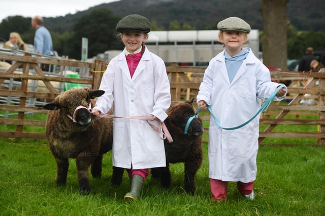 Rose Uttley (aged six) and Lottie Farrar (aged five) from Burnsil with their Coloured Ryeland Sheep