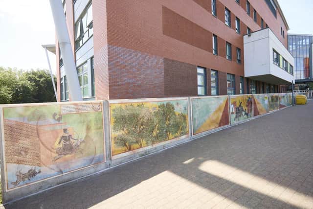 The artwork located outside the main entrance to Pinderfields Hospital