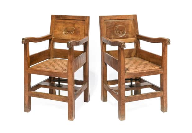 Two Robert ‘Mouseman’ Thompson English Oak Panel Back High/Adjustable Childrens Chairs – estimate: £3,000-5,000