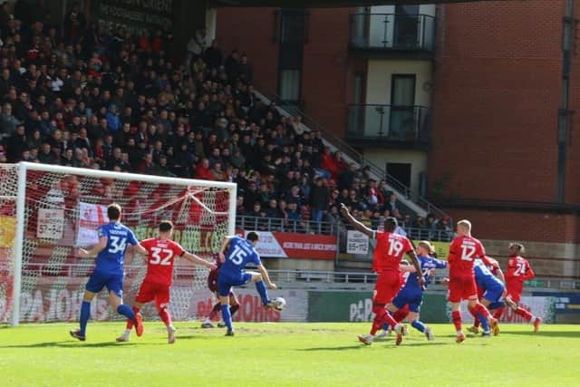 Anthony O'Connor nets Harrogate Town's first goal during Easter Monday's 2-2 draw at Leyton Orient. Picture: Brody Pattison