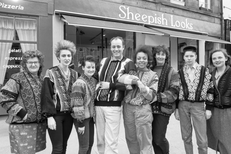 Bill Baber and wife Helen Baber, owners of 'Sheepish Looks' knitwear shop in Edinburgh's Grassmarket, with some of their designs in April 1987.