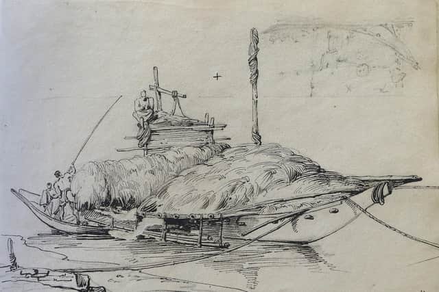 A sketch by George Chinnery of a team loading a large boat.