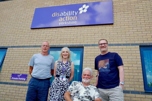 David Lewis, Jackie Snape, Robert Kernaghan (existing DAY trustee) and Charlie Hewson outside Disability Action Yorkshire’s headquarters on Hornbeam Park.