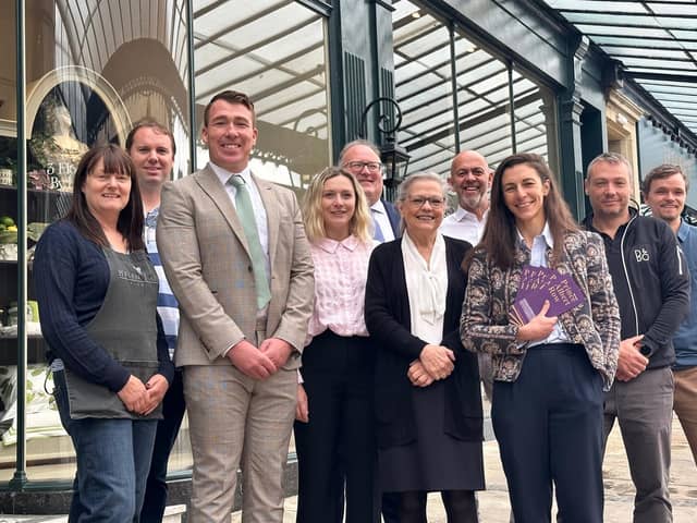 Harrogate comes together to prepare for royal visit - From left,  Helen James Flowers - Helen James,  Woods of Harrogate - Jonathan Woods, Director, Harrogate BID- Matthew Chapman, Woods fine linens - Francesca MacLaverty, Harrogate Chamber of Commerce Martin Mann, Rigby & Peller - Gillian Vincent, Stephen Neall Interiors - Stephen Gee, William Woods Interiors - Sarah Woods, Director, Bang & Olufsen - Richard Staples, Jespers Bar & Kitchen - Jesper Callisa.