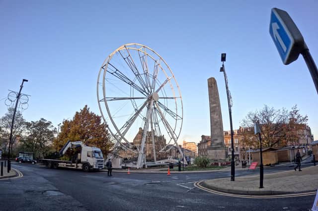 Going up: The illuminated giant 32m Ferris wheel will offer spectacular views of Harrogate town centre once fully installed.