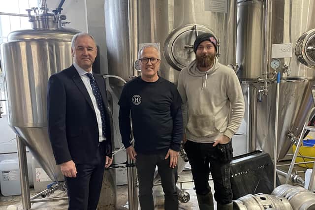 Henshaws Beer Festival - Matthew Joyce, Sales manager at Harrogate Brewing Co, Joe Joyce, Owner at Harrogate Brewing Co, and Gary Nash, Operations Director at 4Life Wealth Management who are title sponsors of this year’s event.