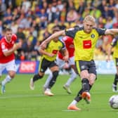 Luke Armstrong's last goal in Harrogate Town colours came from the penalty spot during Saturday's 2-0 win over Morecambe. Pictures: Matt Kirkham