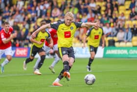 Luke Armstrong's last goal in Harrogate Town colours came from the penalty spot during Saturday's 2-0 win over Morecambe. Pictures: Matt Kirkham