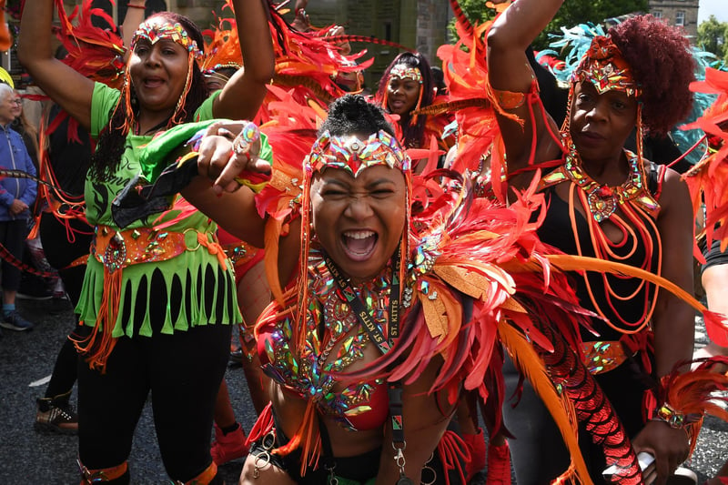 The Leeds West Indian Carnival dancers in the street parade as it made its way through the centre of Harrogate towards the Valley Gardens