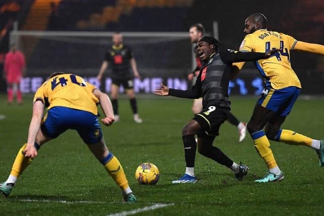 Abraham Odoh scored the Sulphurites' second goal during their 9-2 loss at Mansfield. Picture: Harrogate Town AFC