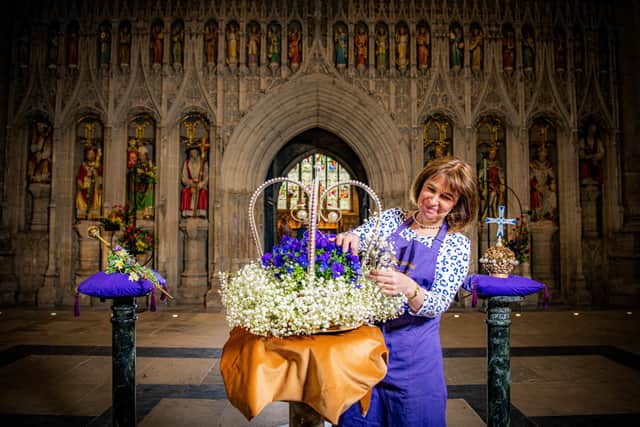 Ripon Cathedral Flower Guild coordinator Caroline Baldwin working on one of 24 arrangements to celebrate the coronation of King Charles III.  The cathedral is screening the Coronation live on Saturday. (Picture Tony Johnson)