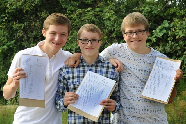 Triplets Jack, Tom and Sam Mitchell of Harrogate Grammar School celebrate their GCSE results with a total of 27 A* and 3 A's in 2013