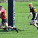Tommy Carswell goes over to score one of his two tries during Harrogate Pythons' final-day-of-the-season loss at Leodiensian. Picture: Submitted