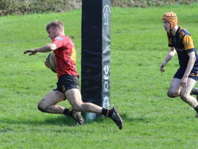 Tommy Carswell goes over to score one of his two tries during Harrogate Pythons' final-day-of-the-season loss at Leodiensian. Picture: Submitted