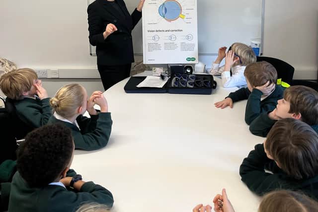 Pupils at Brackenfield School took their school project to Specsavers Harrogate to understand more about visual and auditory impairments.