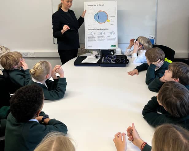 Pupils at Brackenfield School took their school project to Specsavers Harrogate to understand more about visual and auditory impairments.