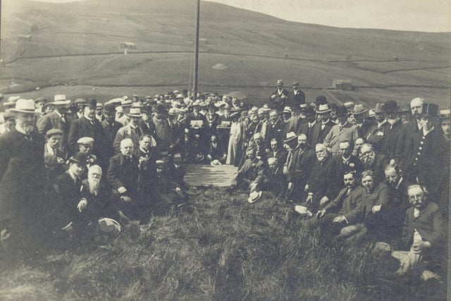 The sod-cutting ceremony at Angram, Wednesday 13th July 1904. In the centre is the Lord Mayor including two gentlemen holding the silver models which were presented to Alderman Milner, who was absent due to sickness.