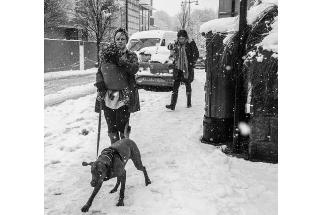 A young woman walking the dog and carrying a child on King's Road, during the snowy lockdown period.