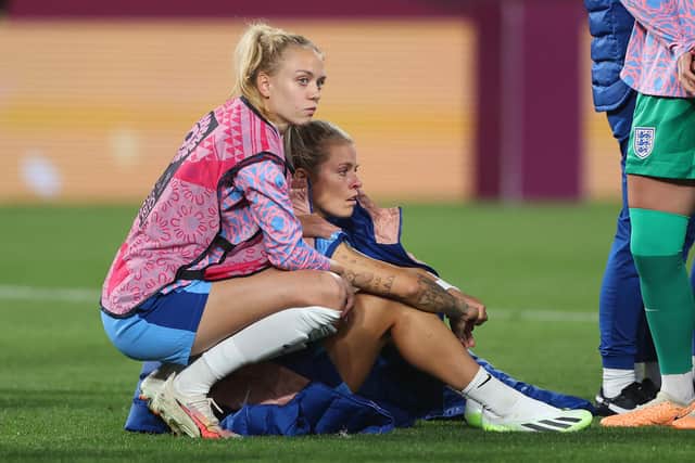 Esme Morgan consoling Rachel Daly after England's defeat to Spain in the FIFA Women's World Cup Final