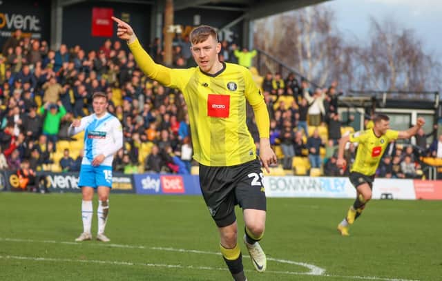 Harrogate Town's Matty Daly celebrates after firing his side into a 74th-minute lead at home to Barrow. Pictures: Matt Kirkham