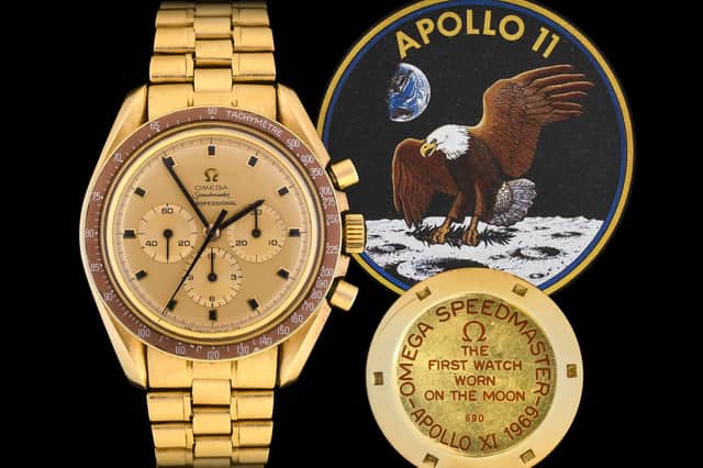 A Fine and Rare 1969 18 Carat Gold Omega Speedmaster, to Commemorate the Apollo XI Moon Landing, has an estimate of £10,000-15,000.