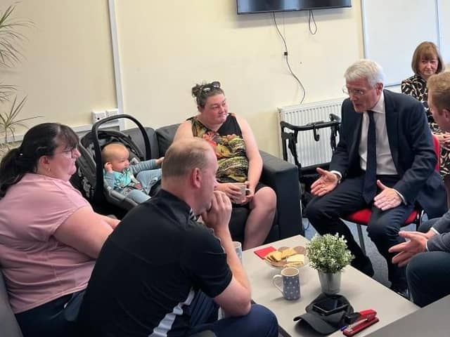 Andrew Jones, Harrogate and Knaresborough MP, and Rivers Minister Robbie Moore MP talk to flood victims at  Chain Lane Community Centre in Knaresborough. (Picture contributed)