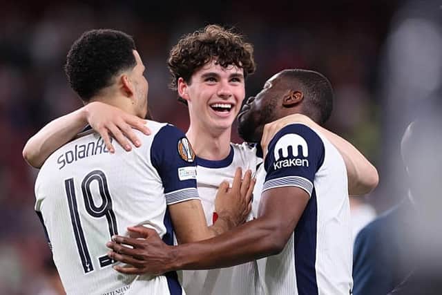 Archie Gray, 19, from Harrogate, celebrating with his Tottenham Hotspur teammates after beating Manchester United 1-0 to win the UEFA Europa League