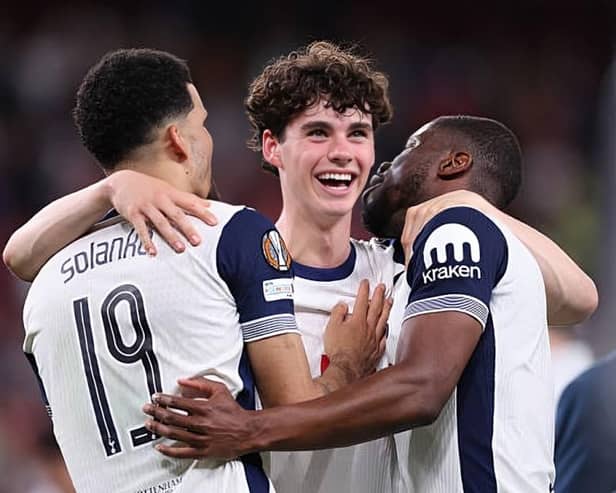 Archie Gray, 19, from Harrogate, celebrating with his Tottenham Hotspur teammates after beating Manchester United 1-0 to win the UEFA Europa League