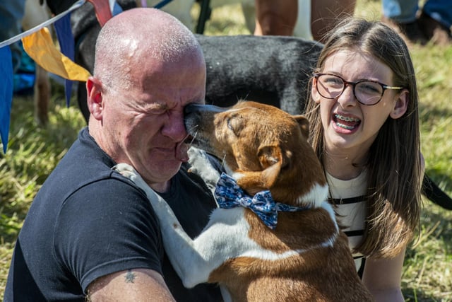 Archie the Jack Russell who won the Waggiest Tail competition in the Dog Show celebrates with his owner