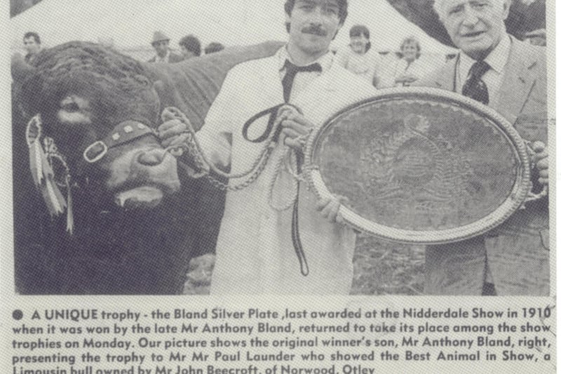 Mr Anthony Bland presented the Blands Silver Plate award to Mr Paul Launder for 'Best Animal in Show'. He was the last to receive the award in 1910.