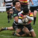 Amrit Sharma touches down for Harrogate RUFC during the first half of Saturday's derby success over local rivals Otley. Picture: Daniel Kerr