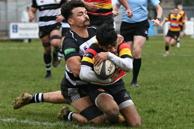 Amrit Sharma touches down for Harrogate RUFC during the first half of Saturday's derby success over local rivals Otley. Picture: Daniel Kerr