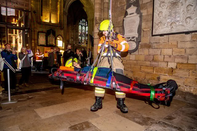 Verger Lucinda Taylor was strapped onto a stretcher and lowered 15 metres down to the cathedral floor from a trap door in the ringing room