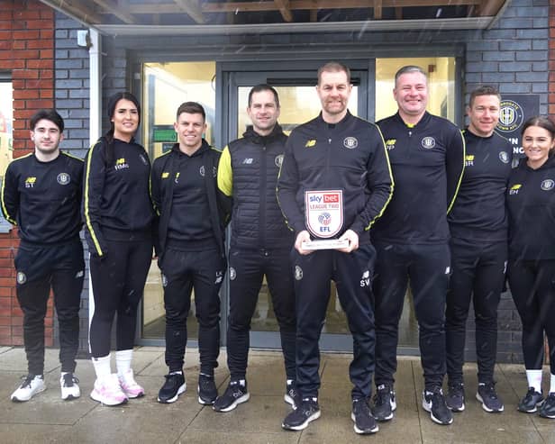 Harrogate Town Manager Simon Weaver and his backroom team with the League Two Manager of the Month award. Pictures: Submitted