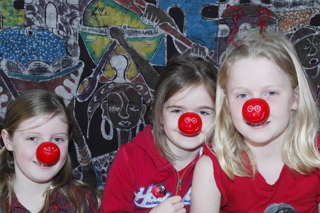 Amelia Davis, Georgina Henderson and Niamh Mackintosh at their Comic Relief exhibition at Warkworth CofE First School in 2011.